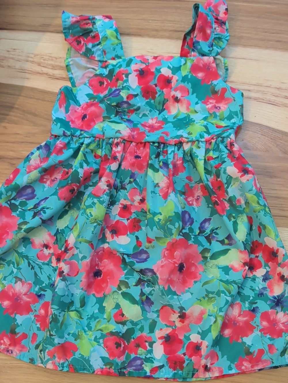 Girls Floral Ruffle Strap Dress in Teal and Coral